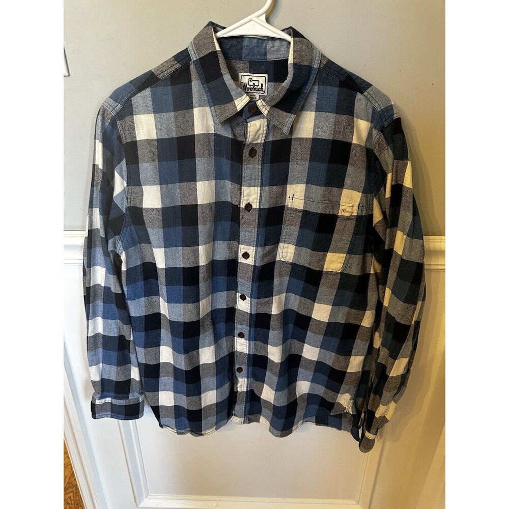 Men’s Organic Cotton Blue Woolrich Long Sleeve Flannel Shirt Size Medium